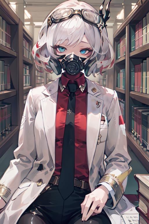 masterpiece, best quality, ultra-detailed, 1girl,  sephie_\(shadowverse\), gas mask, red shirt, black necktie, labcoat, upper body, (library background:1.2), sitting, looking at viewer, <lora:shadowverse_sephie:0.6>