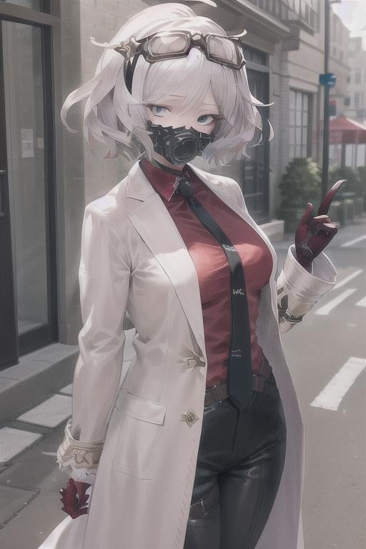 masterpiece, best quality, ultra-detailed, 1girl, solo, (sephie_\(shadowverse\)), gas mask, red shirt, black necktie, labcoat, (street background:1.2),standing, <lora:shadowverse_sephie:0.6>