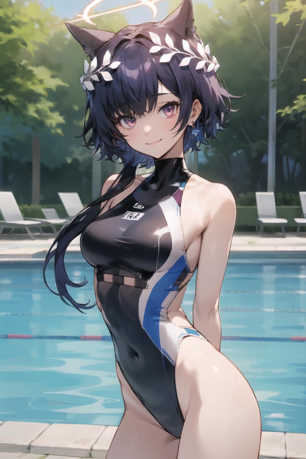 masterpiece, best quality, 1girl, solo, hades_\(herowar\), halo, one-piece swimsuit, arms behind back, looking at viewer, smile, cowboy shot, pool   <lora:hades_ver1:0.6>