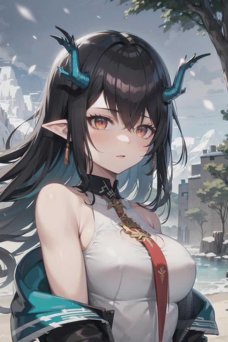 ((masterpiece)), (best quality), (ultra-detailed), finely detail, Depth of field, dynamic angle, ((disheveled hair)), 1girl, solo, dusk_\(arknights\), upper body, gloves, (looking down:1.2), floating hair, beach,  street, (snowing:1.2), floating cloud, (mountainous horizon), <lora:ArkDusk_ver1:0.5>