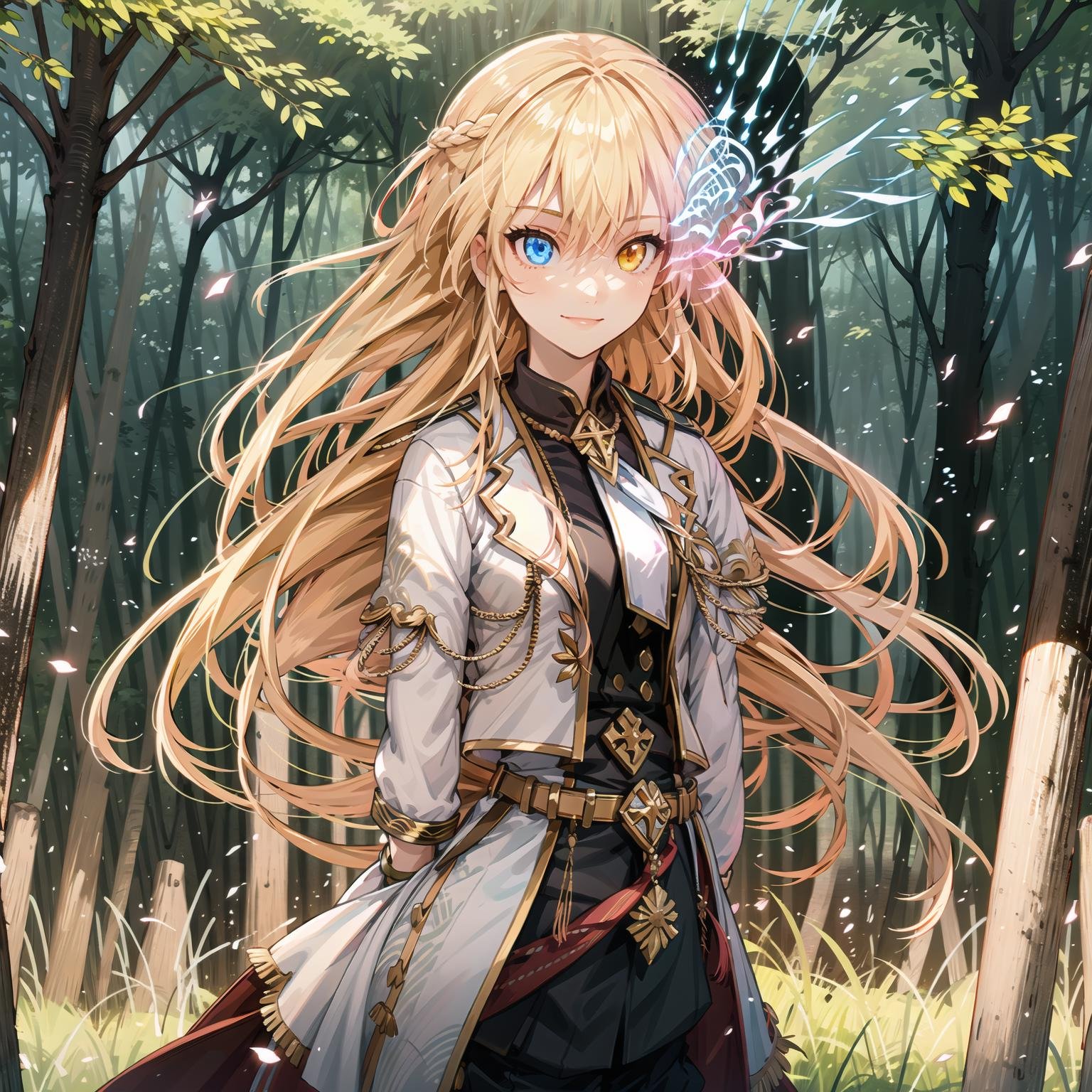 masterpiece, best quality, 1girl, solo, riverta_\(wiz\), heterochromia,  smile, arms behind back, upper body, looking at viewer, standing, forest background <lora:riverta_v3:0.8>