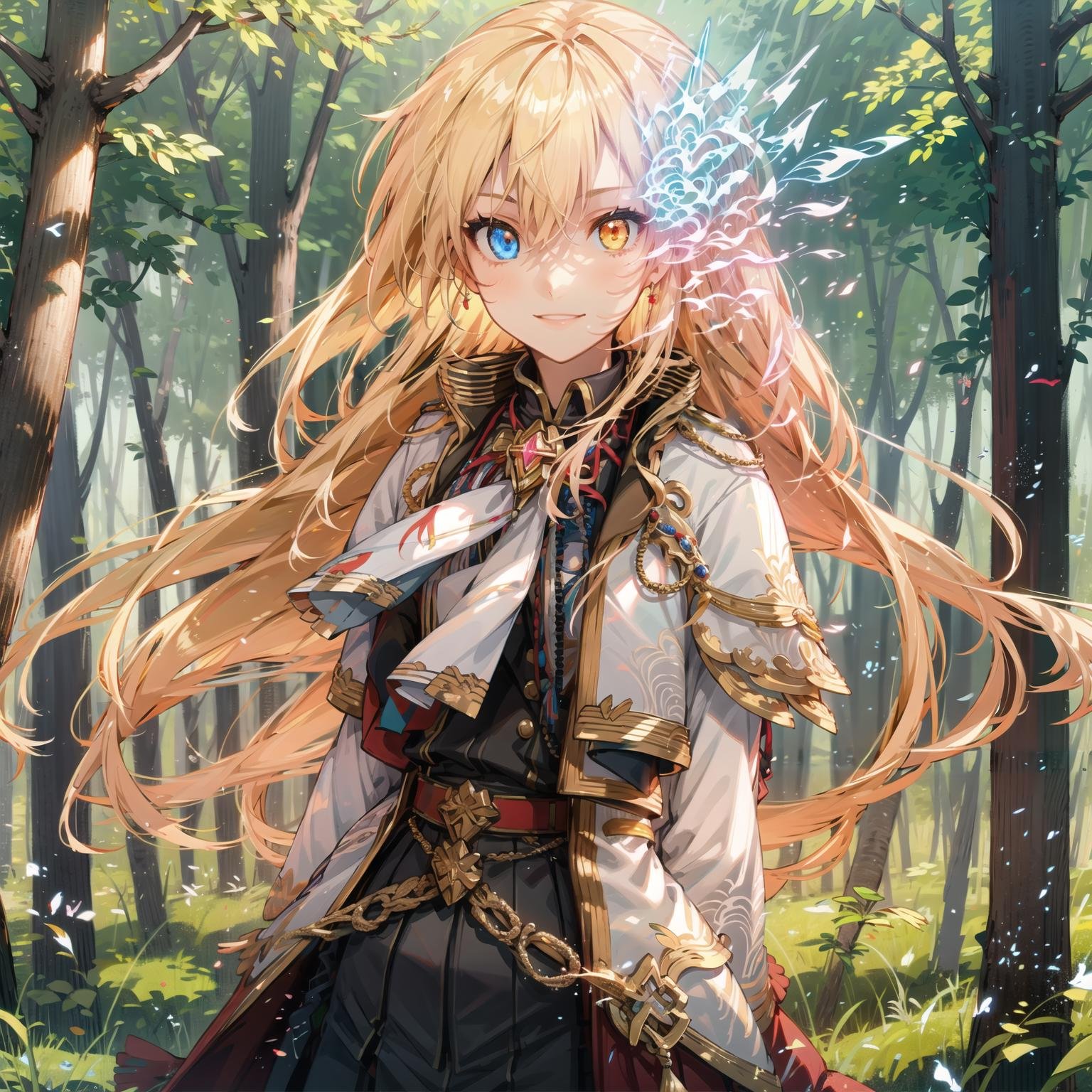 masterpiece, best quality, 1girl, solo, riverta_\(wiz\), heterochromia,  smile, arms behind back, upper body, looking at viewer, standing, forest background <lora:riverta_v3:0.8>