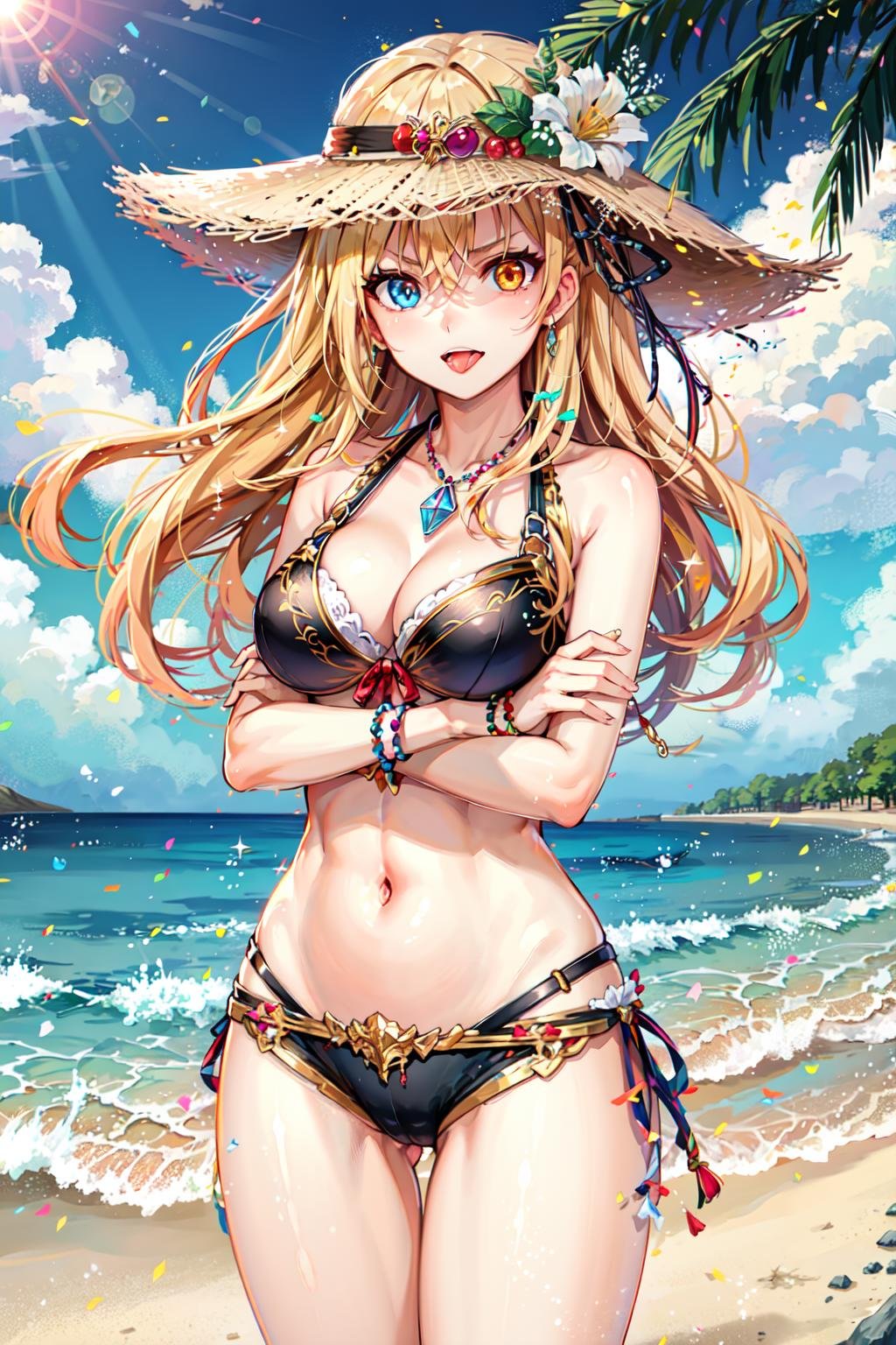 masterpiece, best quality, 1girl, solo, riverta_\(wiz\), heterochromia,   bikini, tongue out, crossed arms, cowboy shot, looking at viewer, standing, beach,  <lora:riverta_v3:0.6>