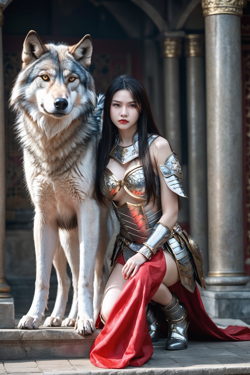 (A red and gold image of a young girl as a warrior woman, dressed in fine armor, with a large gray wolf next to her with it's head nestled on the girl's lap, in the background of an oriental-style scene), masterpiece, HDR, depth of field, wide view, bright background, raytraced, full length body, unreal, mystical, luminous, surreal, high resolution, sharp details, with a dreamy glow, translucent, beautiful, stunning, a mythical being exuding energy, textures, breathtaking beauty, pure perfection, with a divine presence, unforgettable, and impressive.,sexykiki14230,sexymaga1623082