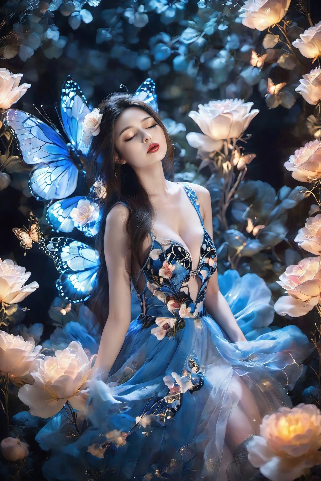 1girl, solo, long hair, brown hair, black hair, dress, closed eyes, flower, blue dress, blue flower, lips, see-through, makeup, sleeveless dress, white flower, lipstick, butterfly, particles light,sexymaga1623082