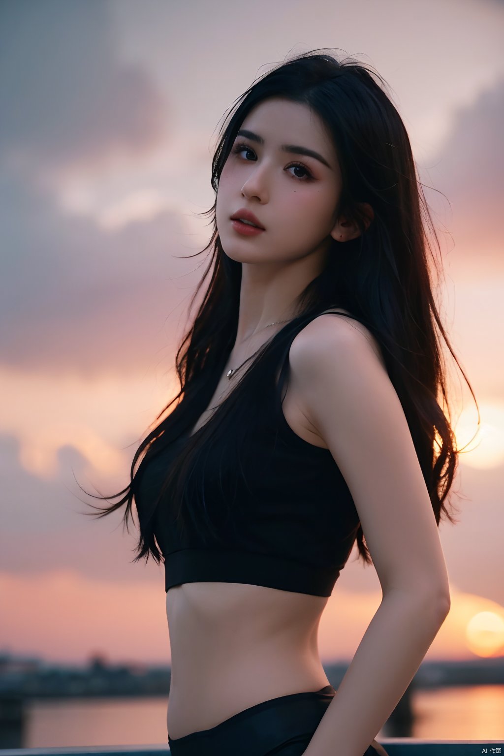  NSFW,Frontal photography,Look front,evening,dark clouds,the setting sun,On the city rooftop,A 20 year old female,Black top,Black Leggings,black hair,long hair, dark theme, muted tones, pastel colors, high contrast, (natural skin texture, A dim light, high clarity) ((sky background))((Facial highlights)), Light master, 1girl