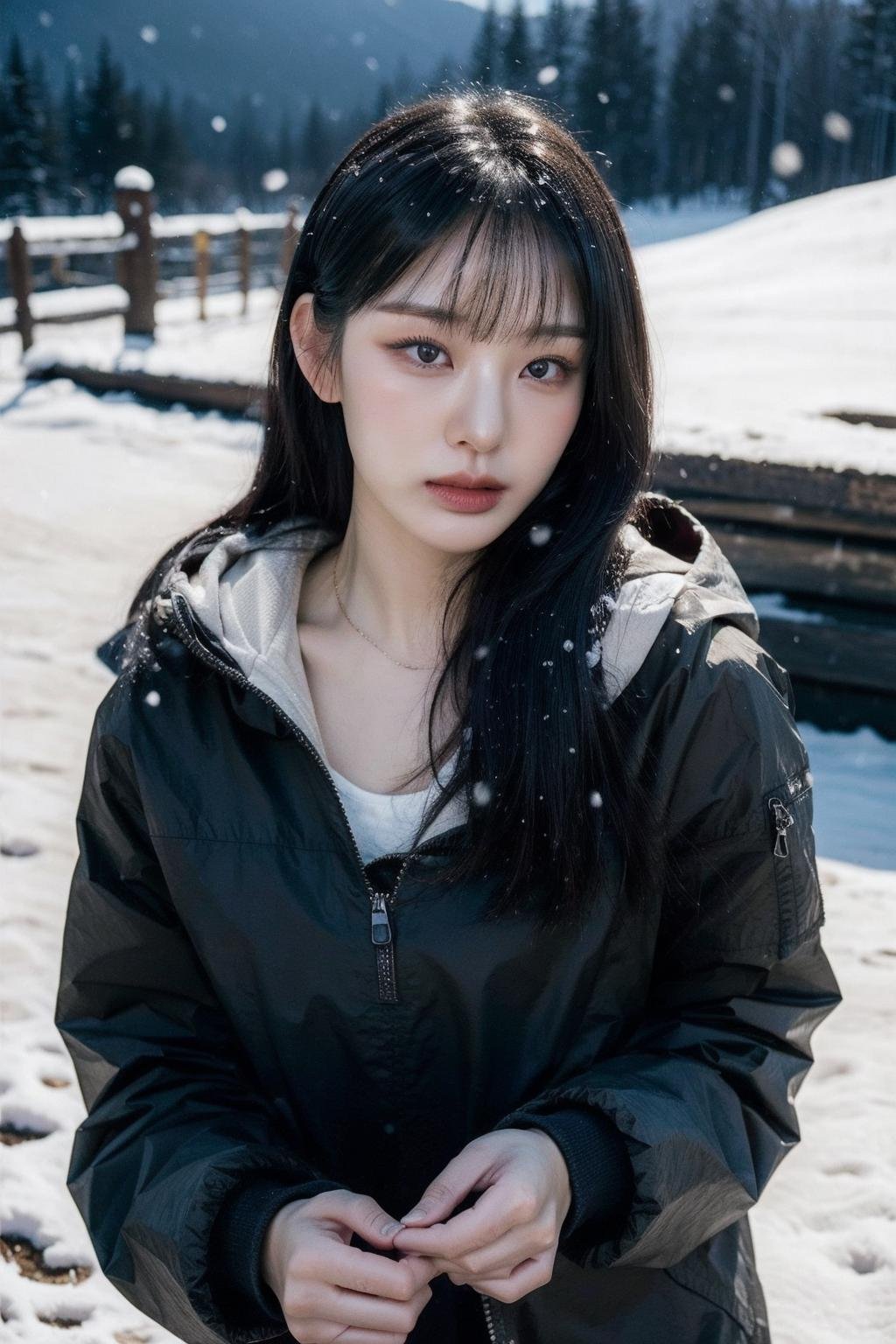 (realistic), (hyperrealism),best quality, masterpiece,ultra high res, (photorealistic:1.4),asian girl, pale skin,skinny,(looking at viewer:2), <lora:add_detail:0.6>,outdoors, long wavy black hair,, winter jacket, snowing, cleavagecowboy shot,<lora:makina69_noze_v1.0:1>