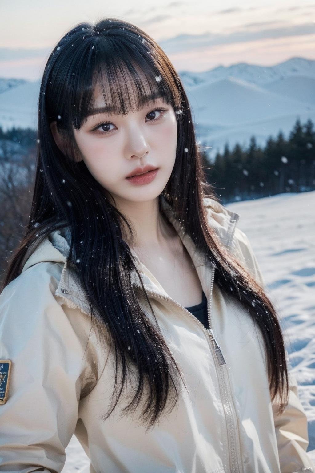 (realistic), (hyperrealism),best quality, masterpiece,ultra high res, (photorealistic:1.4),asian girl, pale skin,skinny,(looking at viewer:2), <lora:add_detail:0.6>,outdoors, long wavy black hair,, winter jacket, snowing, cleavagecowboy shot,<lora:makina69_noze_v1.0:1>