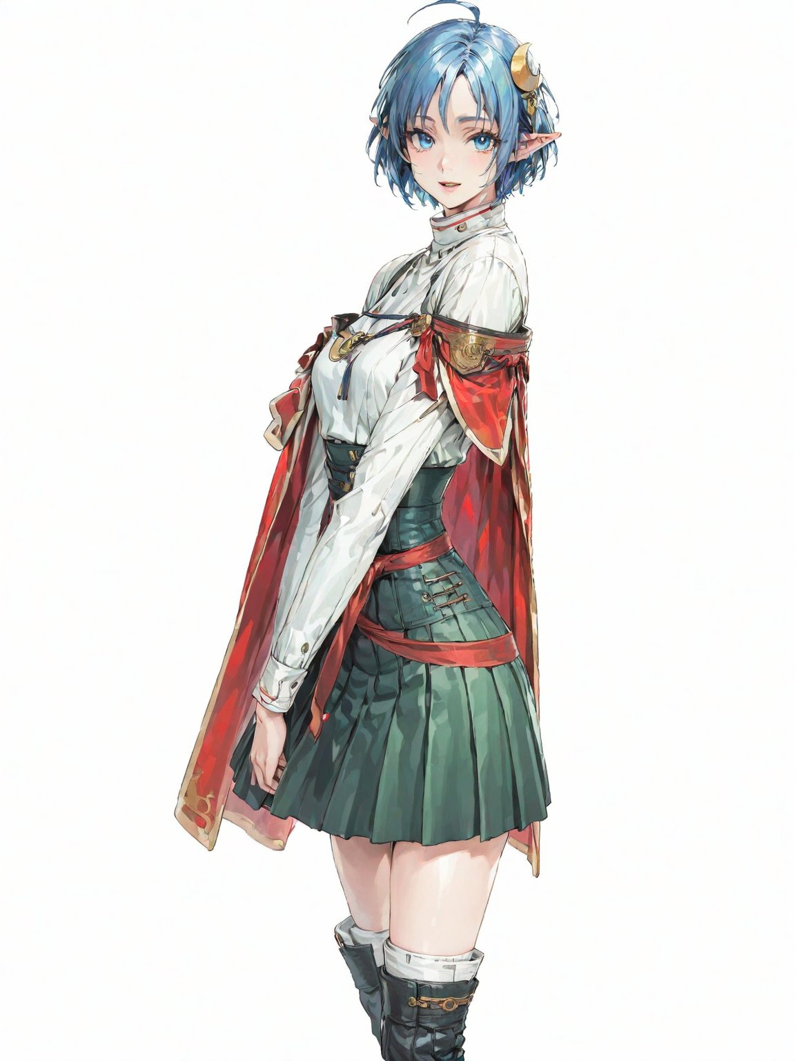 //Quality, masterpiece, best quality, detailmaster2, 8k, 8k UHD, ultra detailed, ultra-high resolution, ultra-high definition, highres, 
//Character, 1girl, solo, blue eyes, short hair, blue hair, pointy ears, ahoge,
//Fashion, red cape, skirt, thighhighs, crescent hair ornament,
//Background, white background, 
//Others, looking at viewer, smile, from_side