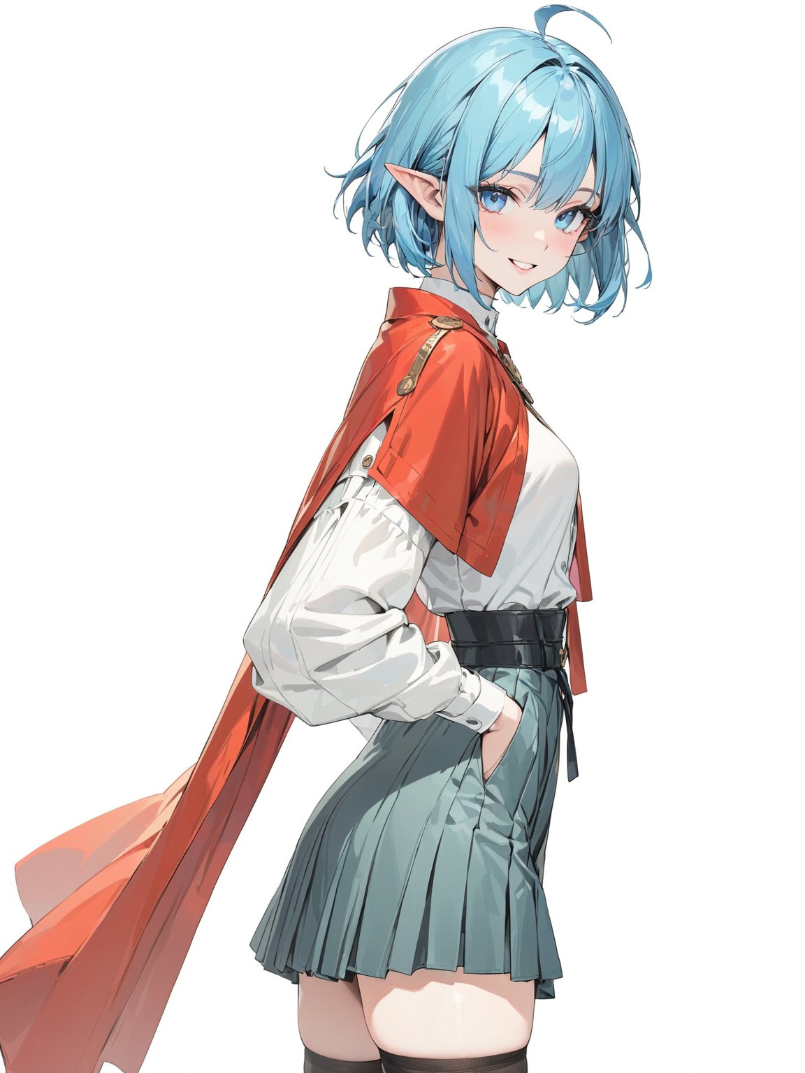 //Quality, masterpiece, best quality, detailmaster2, 8k, 8k UHD, ultra detailed, ultra-high resolution, ultra-high definition, highres, 
//Character, 1girl, solo, blue eyes, short hair, blue hair, pointy ears, ahoge,
//Fashion, red cape, skirt, thighhighs, crescent hair ornament,
//Background, white background, 
//Others, looking at viewer, smile, from_side