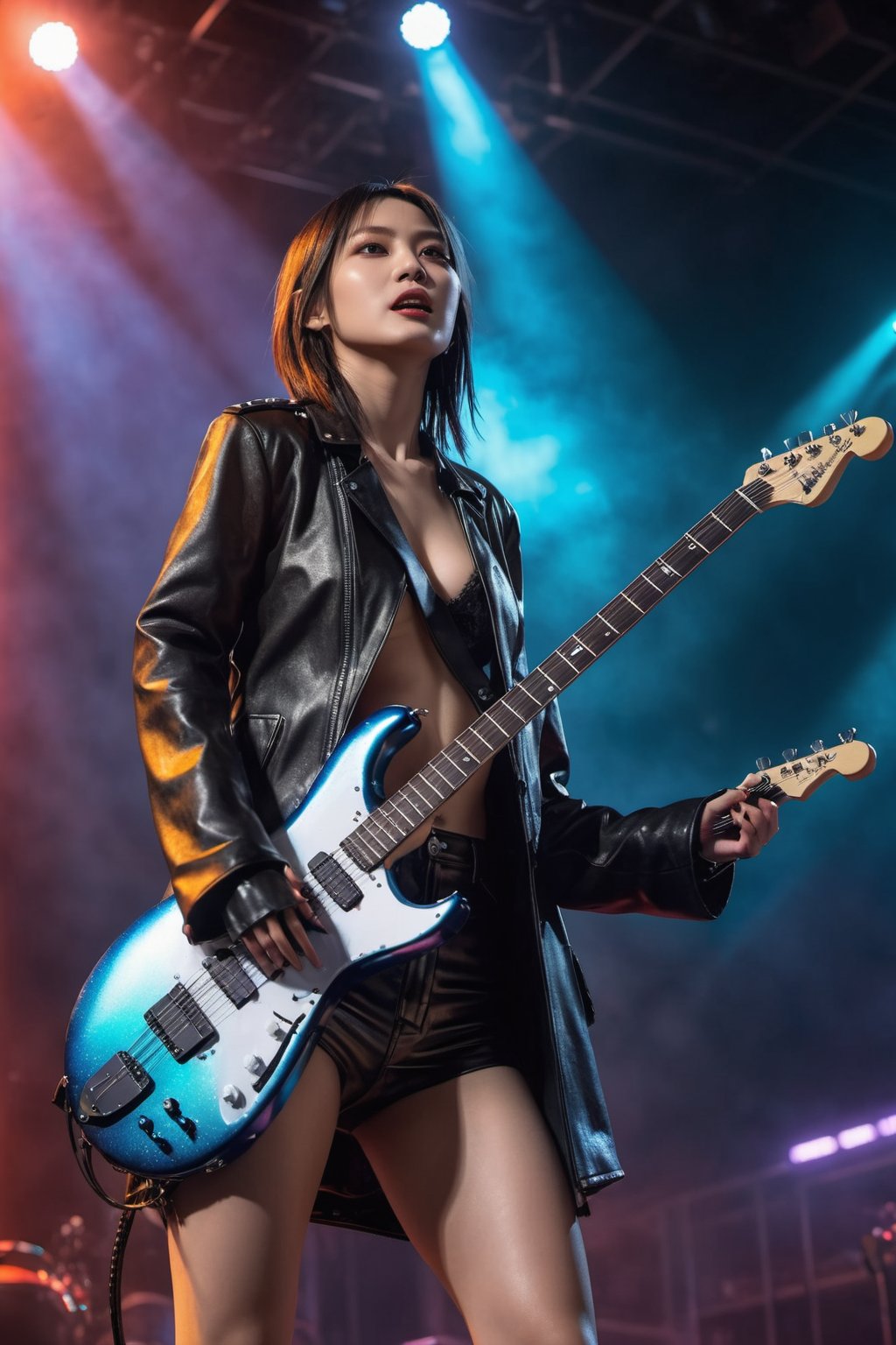 1girl is a rock star singer, playing a electronic guitar, wearing nothing but leather coat and pant, background is a concert stage. colorful sportlight, masterpiece, high quality, HDR, depth of field, natural light, wide view, bright background, raytraced, full length body, fine detail face, fine detail hands, unreal, mystical, luminous, surreal, high resolution, sharp details, with a dreamy glow, translucent, beautiful, stunning, a mythical being exuding energy, textures, breathtaking beauty, pure perfection, with a divine presence, unforgettable, and impressive.,sexylala49407520