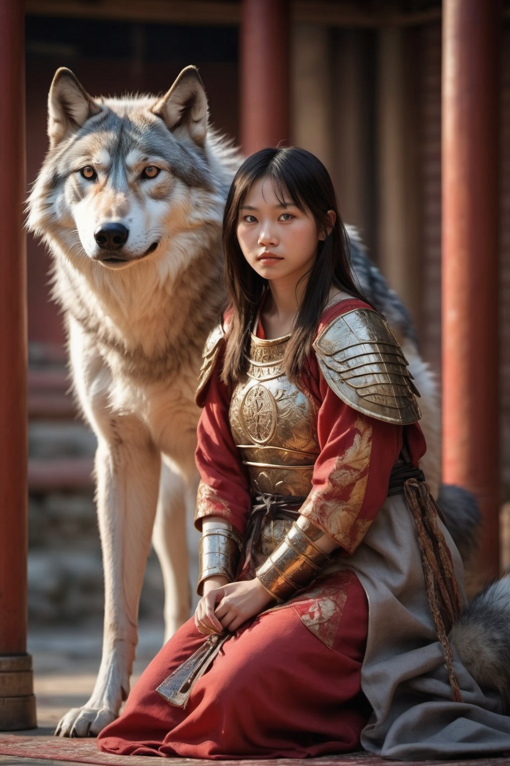 (A red and gold image of a young girl as a warrior woman, dressed in fine armor, with a large gray wolf next to her with it's head nestled on the girl's lap, in the background of an oriental-style scene), masterpiece, HDR, depth of field, wide view, bright background, raytraced, full length body, unreal, mystical, luminous, surreal, high resolution, sharp details, with a dreamy glow, translucent, beautiful, stunning, a mythical being exuding energy, textures, breathtaking beauty, pure perfection, with a divine presence, unforgettable, and impressive,sexylala49407520