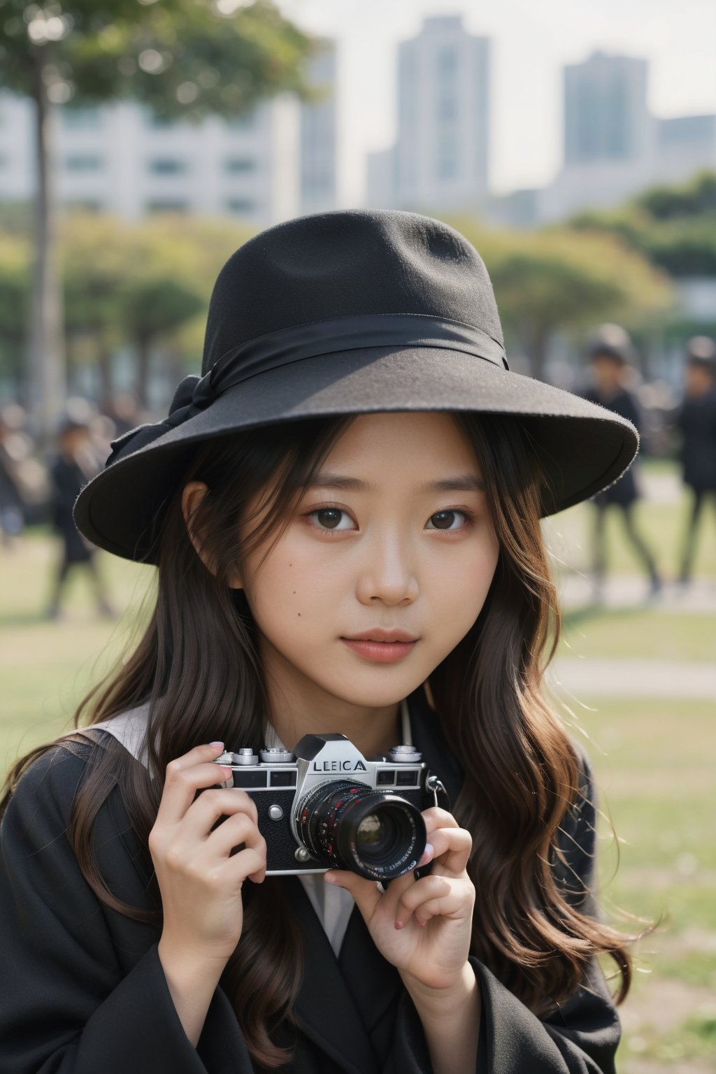 Close up An 18 year old Asian woman with long wavy hair wearing a black cloth hat. Wear a black overcoat Use both hands to lift the LEICA brand film camera and place it close to her face. Preparing to take a photo in the afternoon, a park location, the front is clear, the background is blurred with bokeh, real picture, high definition 8K.,LinkGirl,Masterpiece, ,FilmGirl,sexylala49407520