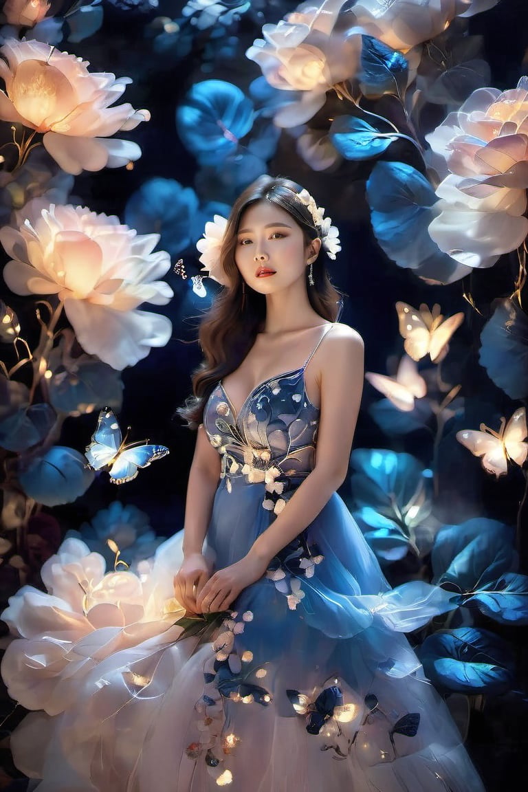 1girl, solo, long hair, brown hair, black hair, dress, closed eyes, flower, blue dress, blue flower, lips, see-through, makeup, sleeveless dress, white flower, lipstick, butterfly, particles light,sexylala49407520