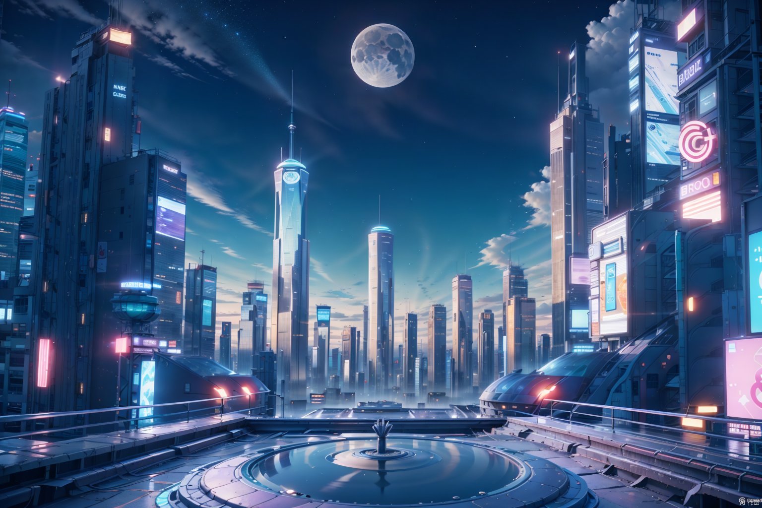  The image shows a futuristic city with a large, domed building in the center. The moon is large and blue-green. The building is made of metal and glass, with intricate details and glowing lights. It is surrounded by smaller buildings, also made of metal and glass. The city is built on a desert planet, with rocky outcroppings and sparse vegetation. There are no people v