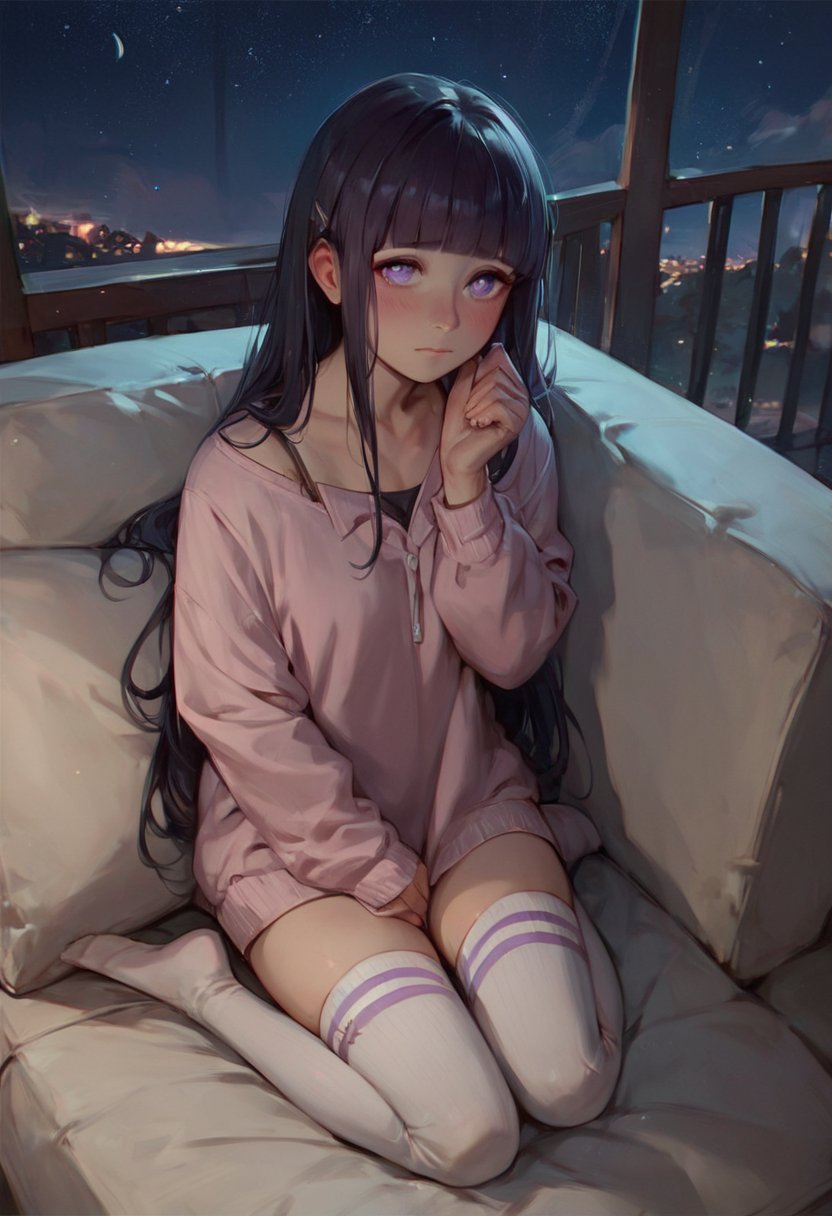 score_9_up, score_8_up, score_7_up, score_6_up, kneeling at sofa, 1girl, legwear, shy, sky, night, star (sky),hinata hyuuga, long hair, black hair, blunt bangs, purple eyes