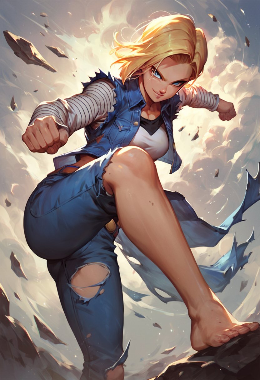 score_9_up, score_8_up, score_7_up, score_6_up, high quality, girl, (android18) ,yellow hair, (dragonball), very torn, saiyan battle armor in the perfect spots,smile, fit, fighting pose, dynamic pose, side view