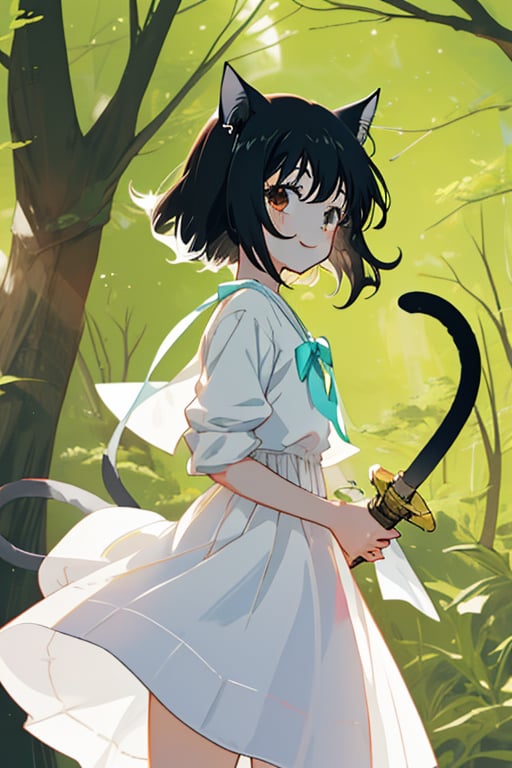 Anime,Fran, teenage girl, short white dress, black hair, short hair, bangs, cat ears, cat tail, happy, bis sword in hand, woods