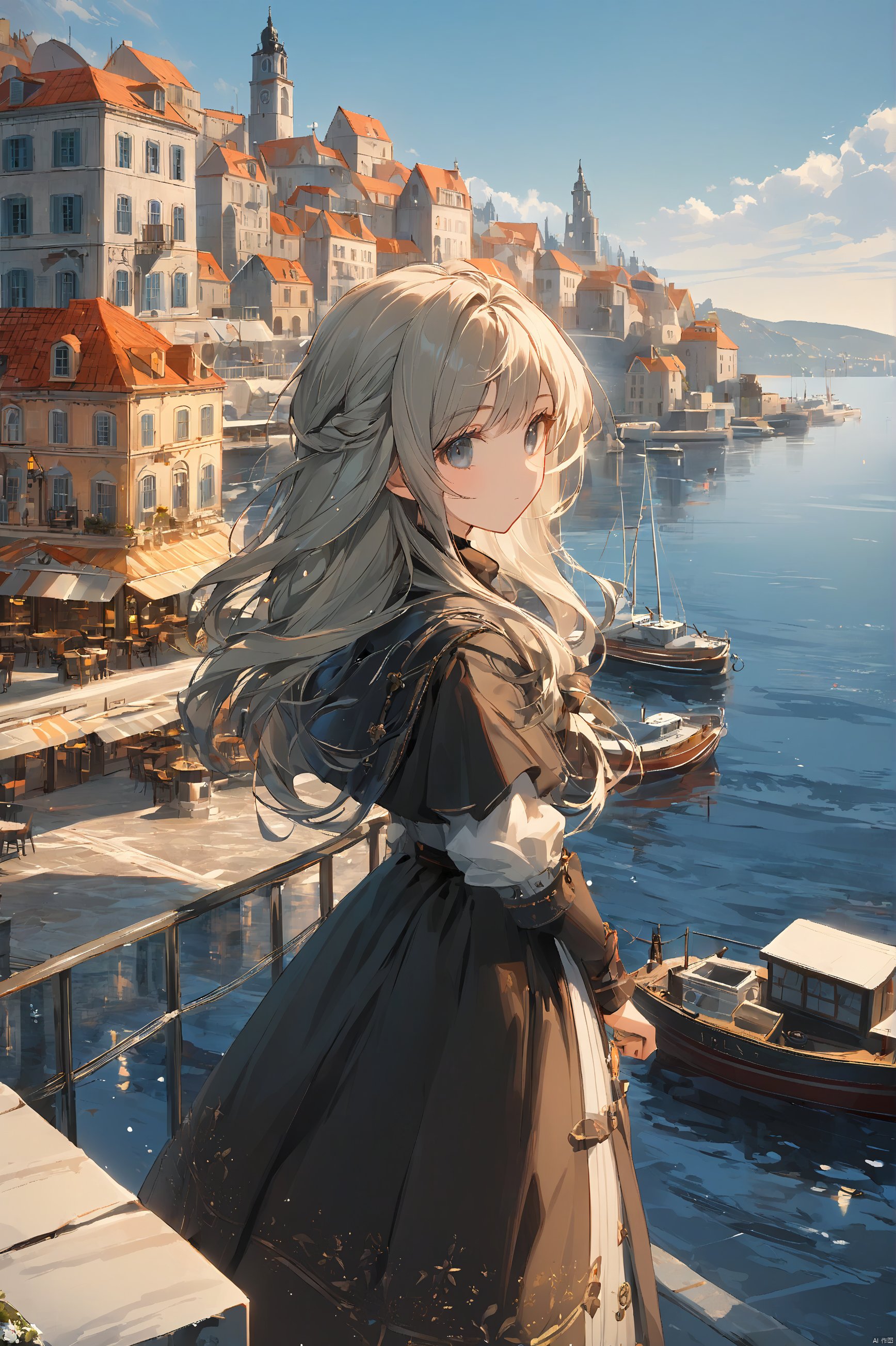 1girl,harbor,European town,wind,masterpiece,best quality,very aesthetic,extremely detailed