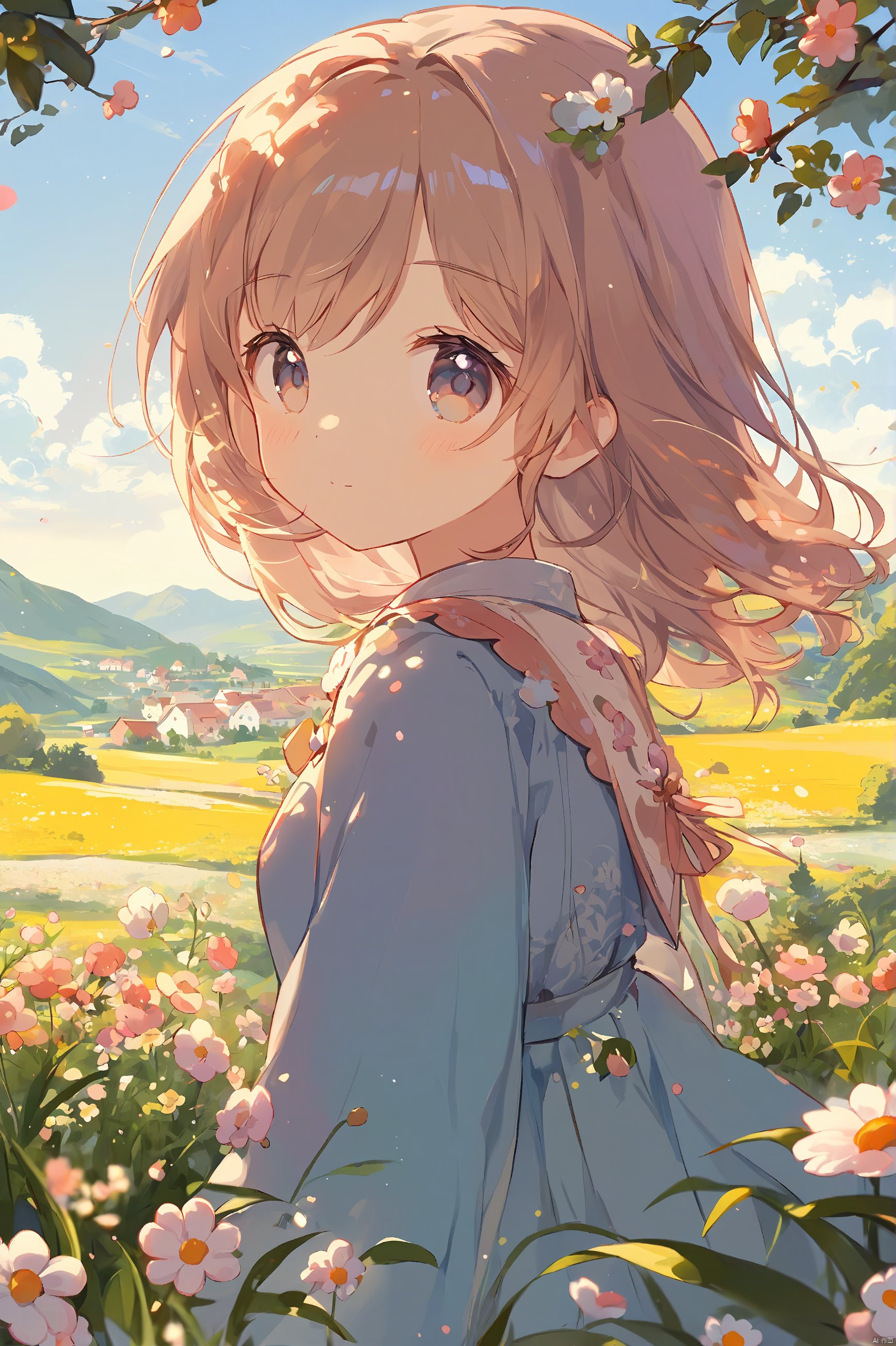 1girl,upper body,loli,cute,landscape,bloom,wind,masterpiece,best quality,very aesthetic,extremely detailed