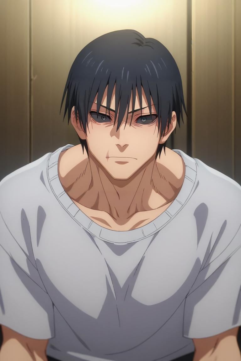 score_9, score_8_up, score_7_up, source_anime, anime screencap, , , , upper body, depth of field, 1boy, solo, male focus, <lora:touji_fushiguro_pony:0.86>, touji_fushiguro, black hair, black eyes, short hair, hair between eyes, bangs, colored sclera, black sclera, , , Arms wrapped around knees, showing vulnerability, <lora:sdxl_lightning_8step_lora:1>