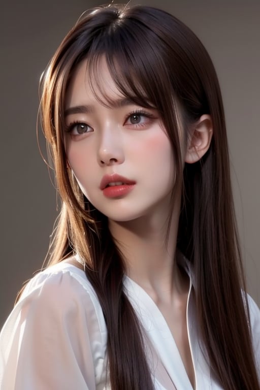1girl
solo
brown hair
closed mouth
grey background
collar
lips
realistic ,beauty,yui,masterpiece,best quality,1 girl,yuna 