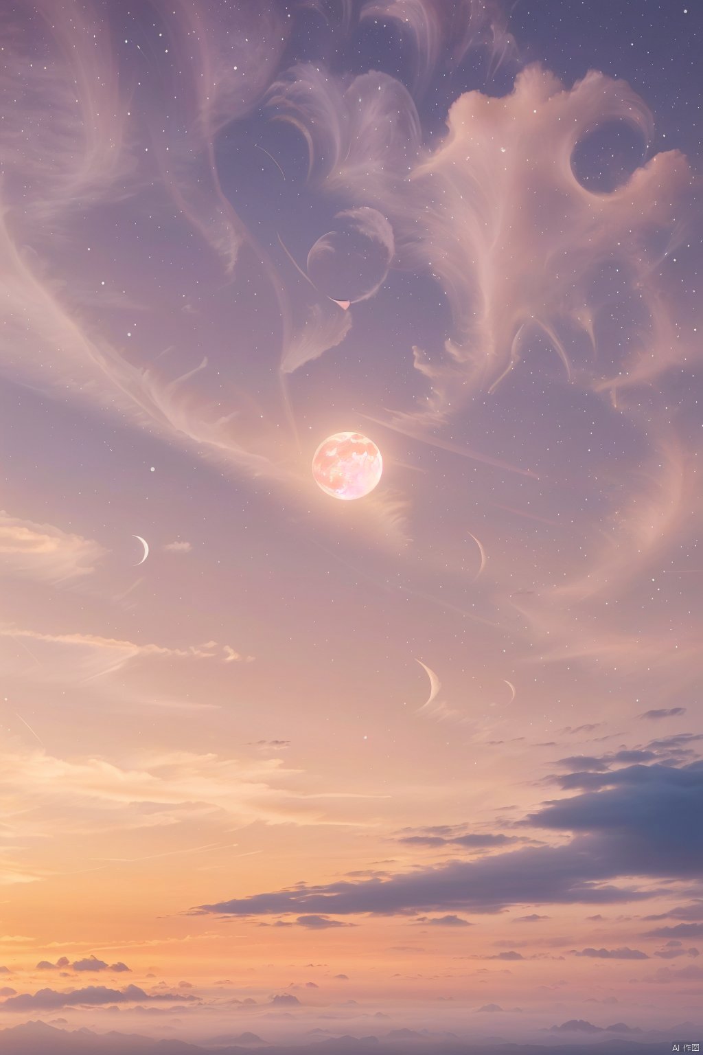 sky,Heart shape pink cloud,fullmoon,stars ,Master, photography, artwork, minimalist style, Morandi color system