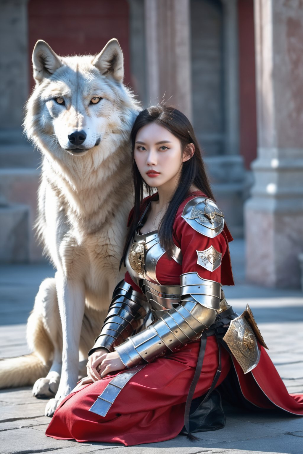 (A red and gold image of a young girl as a warrior woman, dressed in fine armor, with a large gray wolf next to her with it's head nestled on the girl's lap, in the background of an oriental-style scene), masterpiece, HDR, depth of field, wide view, bright background, raytraced, full length body, unreal, mystical, luminous, surreal, high resolution, sharp details, with a dreamy glow, translucent, beautiful, stunning, a mythical being exuding energy, textures, breathtaking beauty, pure perfection, with a divine presence, unforgettable, and impressive.,sexyqni58919407