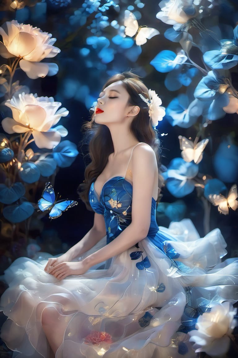 1girl, solo, long hair, brown hair, black hair, dress, closed eyes, flower, blue dress, blue flower, lips, see-through, makeup, sleeveless dress, white flower, lipstick, butterfly, particles light,sexyqni58919407