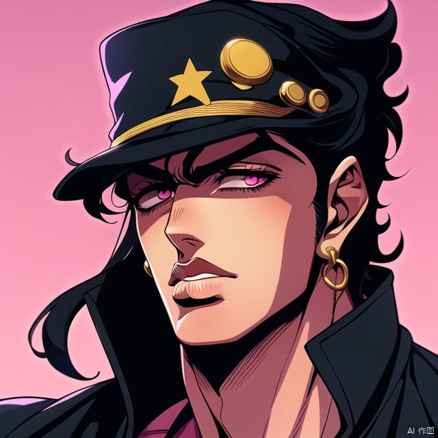 IS_JOJO,1boy, Kujo Jotaro, flesh-colored face, wearing his black hat, black hair, black jacket, pink sky in the background, 