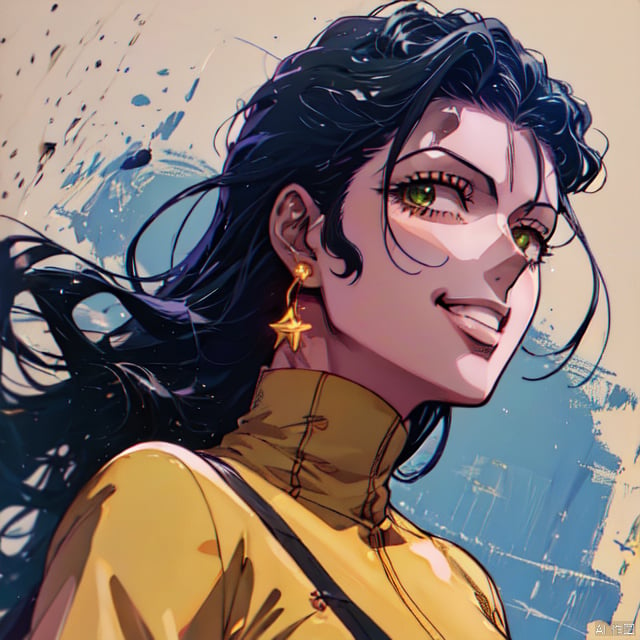  IS_JOJO, a woman in a yellow dress, long black hair, hair shawl, earring, fluffy hair, star photo, smile, anime illustration, anime fantasy illustration, beautiful character painting, trending on artstration,