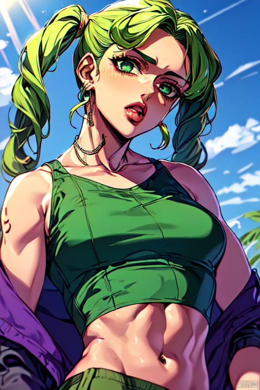  IS_JOJO,1girl, Jolyne Cujoh, jojo no kimyou na bouken, blonde hair,two pigtails, blue eyes, bangs hanging down face, a tattoo on her left arm, a green tight sleeveless top, green leggings, (Flat chest:1.1), green checkered pants, cropped torso upper body, outdoors