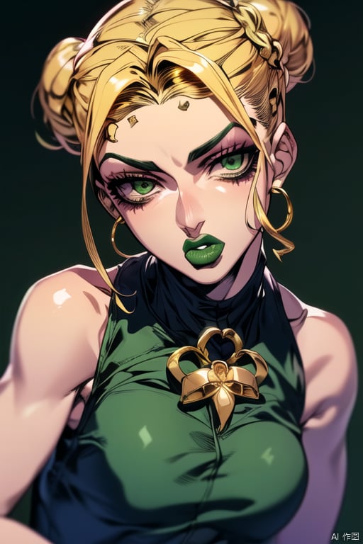 IS_JOJO, 1girl, Jolyne Cujoh, Jojo’s Bizarre Adventure, (gold hair:1.3), gold hair tied into two buns at top of head, dark green eyes, black eyeline,pale
green lips, tight green plaid sleeveless top, a purple butterfly in the middle of the tight sleeveless top, purple butterfly tattoo on her neck, (Smaller breasts:1.1),