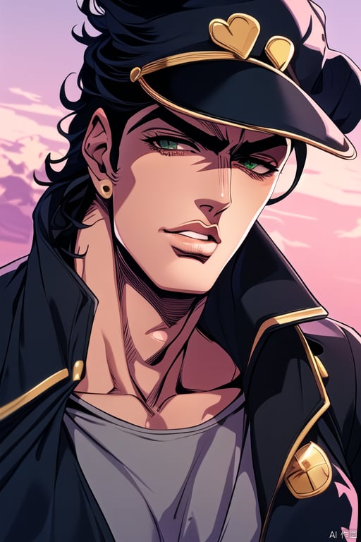  IS_JOJO,1boy, Kujo Jotaro, flesh-colored face, wearing his black hat, black hair, black jacket, grey shirt, pink sky, facing viewer, muscularity upper body, cropped torso upper bodym, outdoors