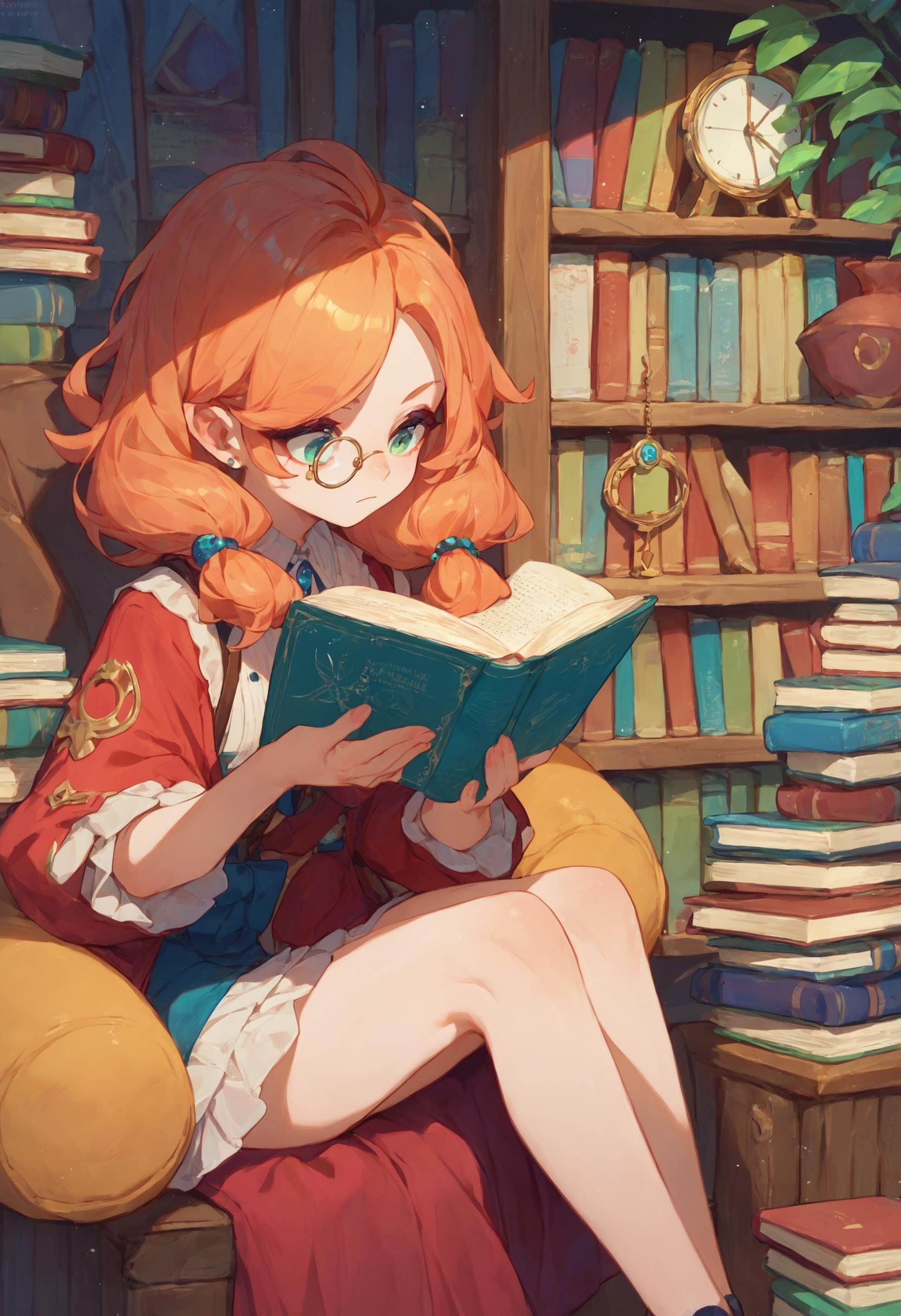 score_9_up score_8_up score_7_up, 1girl, monocle, sitting, holding book, book stack<lora:monocle_pony_final:1>