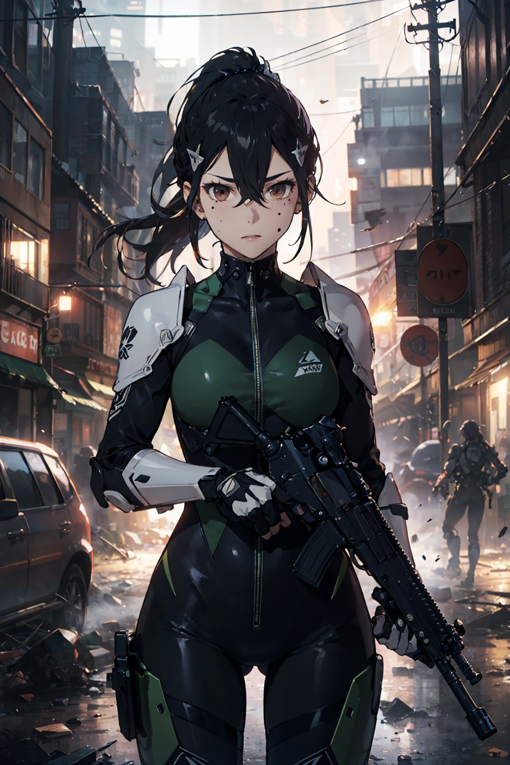 1girl, solo, mature female, armor, bodysuit, long hair, hari between eyes, mole, brown eyes, ponytail, hair ornament,
cowboy shot, destroyed city, depth of field, holding, gun, assault rifle
green black bodysuit, armour
