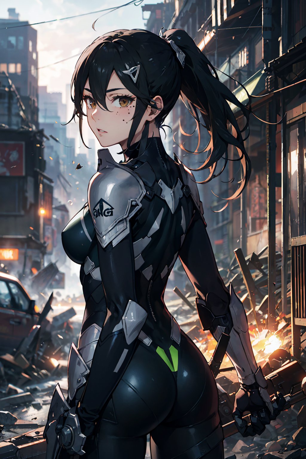 1girl, solo, mature female, armor, bodysuit, long hair, hari between eyes, mole_under_eye, brown eyes, ponytail, hair ornament,
cowboy shot, destroyed city, depth of field, looking back
green black bodysuit, armour
