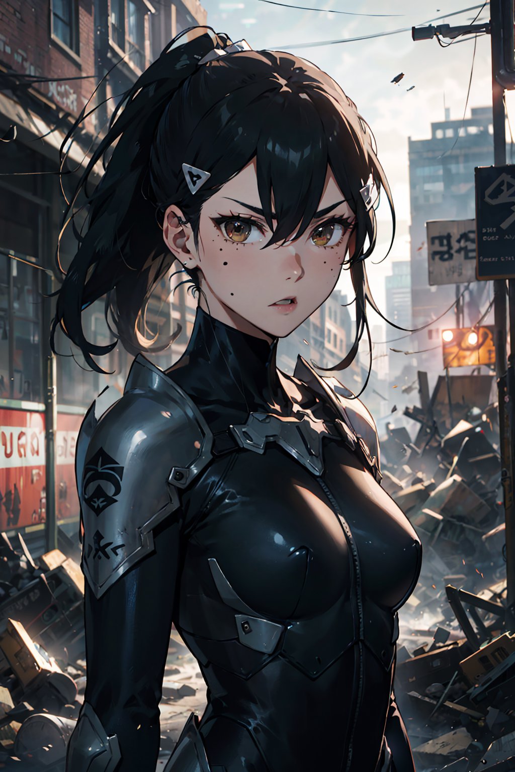 1girl, solo, mature female, armor, bodysuit, long hair, hari between eyes, mole_under_eye, brown eyes, ponytail, hair ornament,
cowboy shot, destroyed city, depth of field, upper body,
green black bodysuit, armour, angry, mad, triangle hair clip,
