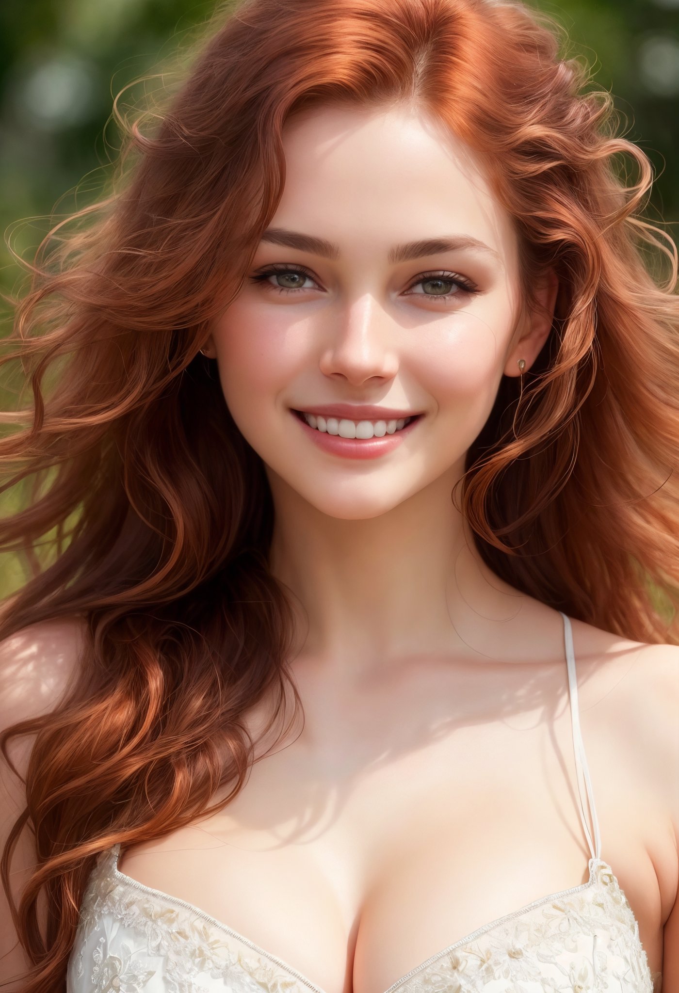 stunningly beautiful   (((extremely innocent face ))), wild hair, ((best quality)), ((masterpiece)), (detailed),   highly detailed HDR photo, 8k quality, best quality, high resolution ultra photorealistic, high definition, highly detailed photo, photon mapping, dynamic angle, professional lighting, highly detailed face and body,expressive eyes, perfectly detailed face, smile, gorgeous face,  real skin details, soft skin,   looking at viewer,                 


raw, photorealistic, real, perfect skin, real skin, realistic photo of a mid body shot,  ,  extremely innocent face, very  beautiful,


cheerful, laughing, clever naughty smile, , she is wearing a  pretty  dress,

she smile like gentle love goddess, very long tresses, red head  , brown hair, expressive face,


 
