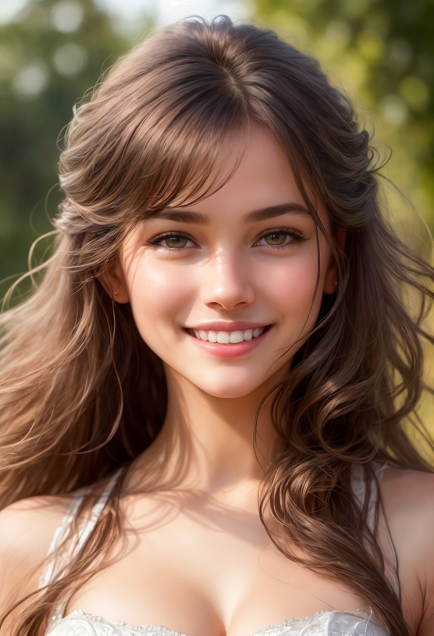 stunningly beautiful   (((extremely innocent face ))), wild hair, ((best quality)), ((masterpiece)), (detailed),   highly detailed HDR photo, 8k quality, best quality, high resolution ultra photorealistic, high definition, highly detailed photo, photon mapping, dynamic angle, professional lighting, highly detailed face and body,expressive eyes, perfectly detailed face, smile, gorgeous face,  real skin details, soft skin,   looking at viewer,                 


raw, photorealistic, real, perfect skin, real skin, realistic photo of a mid body shot,  ,  extremely innocent face, very  beautiful,


cheerful, laughing, clever naughty smile, , she is wearing a  pretty  dress,

she smile like gentle love goddess, very long tresses, dark hair, brown hair, expressive face,


 