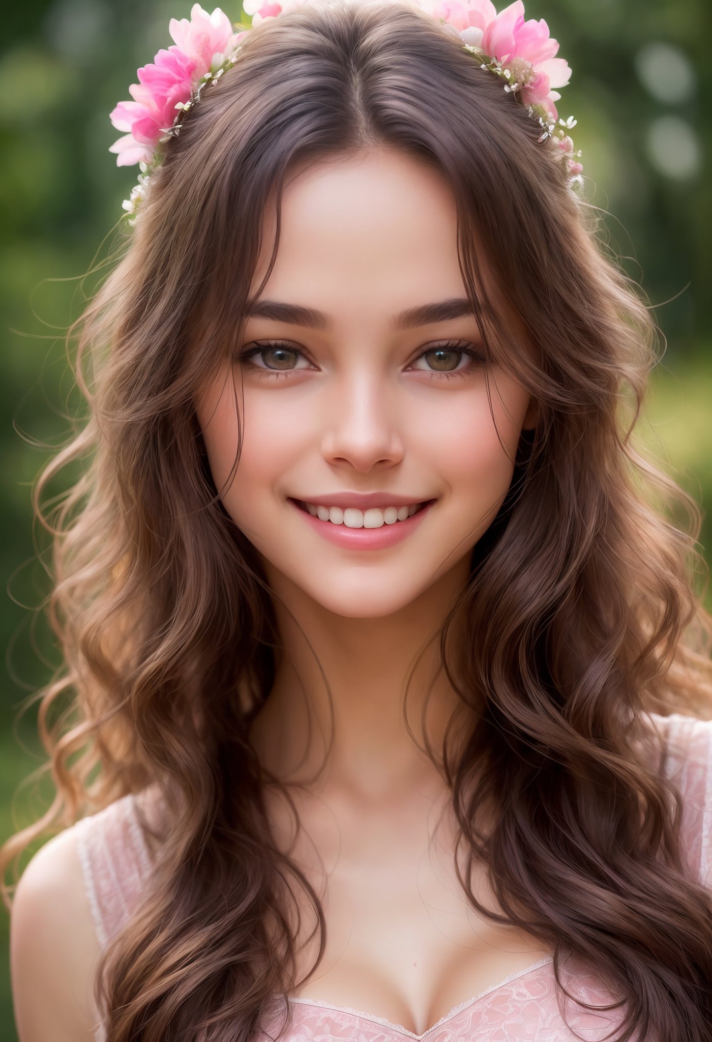 stunningly beautiful   (((extremely innocent face ))), wild hair, ((best quality)), ((masterpiece)), (detailed),   highly detailed HDR photo, 8k quality, best quality, high resolution ultra photorealistic, high definition, highly detailed photo, photon mapping, dynamic angle, professional lighting, highly detailed face and body,expressive eyes, perfectly detailed face, smile, gorgeous face,  real skin details, soft skin,   looking at viewer,                 


raw, photorealistic, real, perfect skin, real skin, realistic photo of a mid body shot,  ,  extremely innocent face, very  beautiful,


cheerful, laughing, clever naughty smile, , she is wearing a  prety  pink gown,


she smile like gentle love goddess, very long tresses, dark hair, brown hair, expressive face,


 