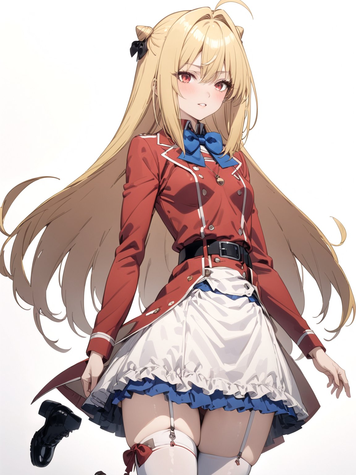 //Quality, masterpiece, best quality, detailmaster2, 8k, 8k UHD, ultra detailed, ultra-high resolution, ultra-high definition, highres, 
//Character, 1girl, solo,Terakomari, long hair, blonde hair, red eyes, ahoge, 
//Fashion, red coat, belt buckle, blue bowtie, long sleeves, white skirt, bow, white thighhighs, garter straps, boots, 
//Background, white background, 
//Others, 