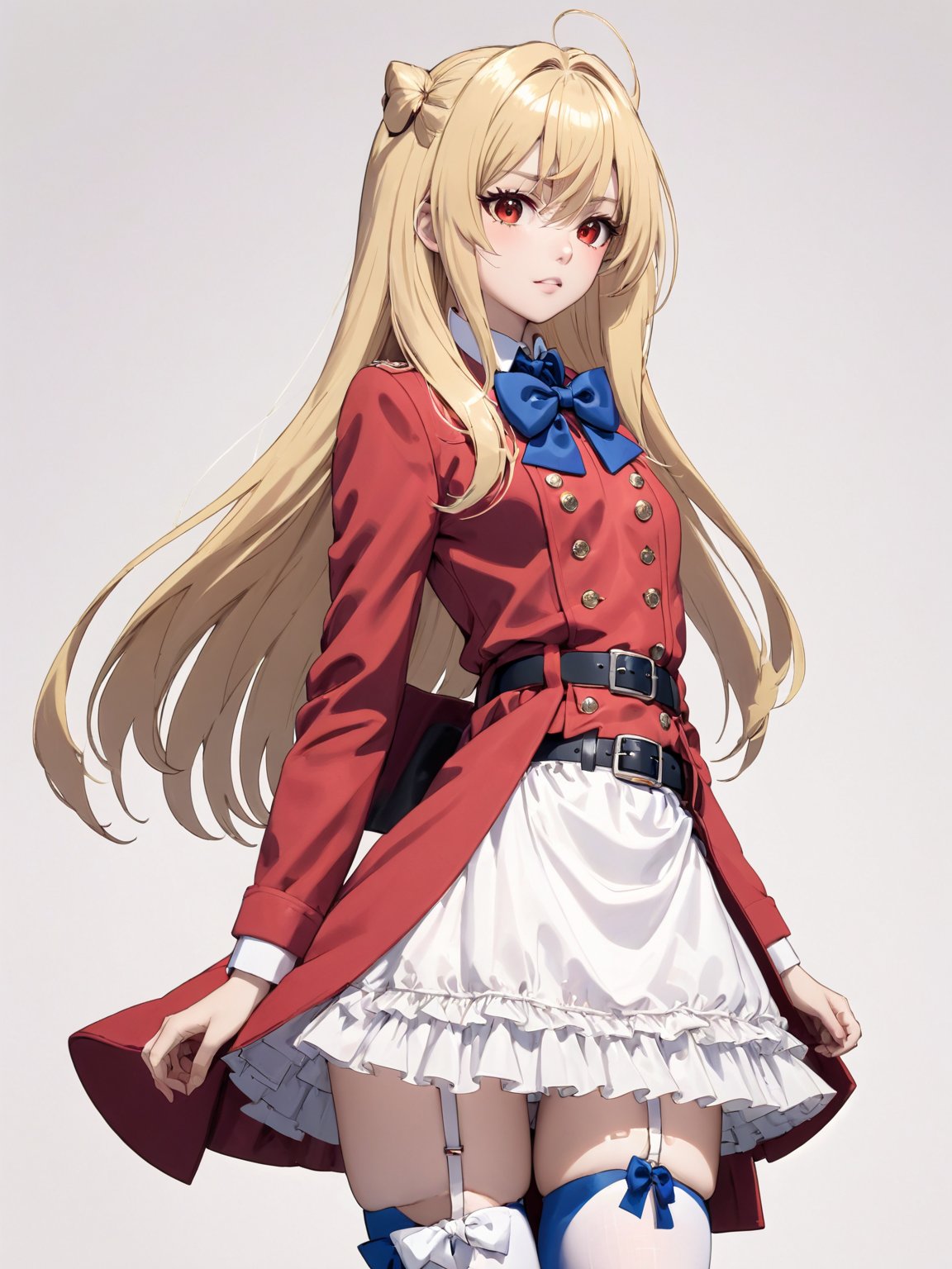 //Quality, masterpiece, best quality, detailmaster2, 8k, 8k UHD, ultra detailed, ultra-high resolution, ultra-high definition, highres, 
//Character, 1girl, solo,Terakomari, long hair, blonde hair, red eyes, ahoge, 
//Fashion, red coat, belt buckle, blue bowtie, long sleeves, white skirt, bow, white thighhighs, garter straps, boots, 
//Background, white background, 
//Others, 