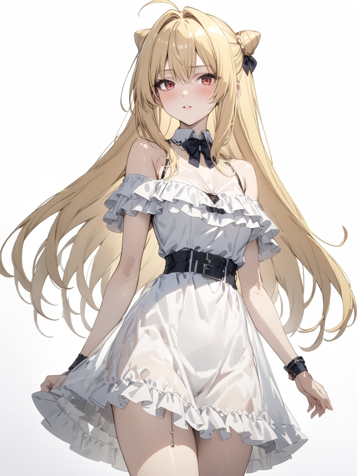 //Quality, masterpiece, best quality, detailmaster2, 8k, 8k UHD, ultra detailed, ultra-high resolution, ultra-high definition, highres, 
//Character, 1girl, solo,Terakomari, long hair, blonde hair, red eyes, ahoge, 
//Fashion, frills, off shoulder, hair bun, dress, see-through, off-shoulder dress,
//Background, white background, 
//Others, 