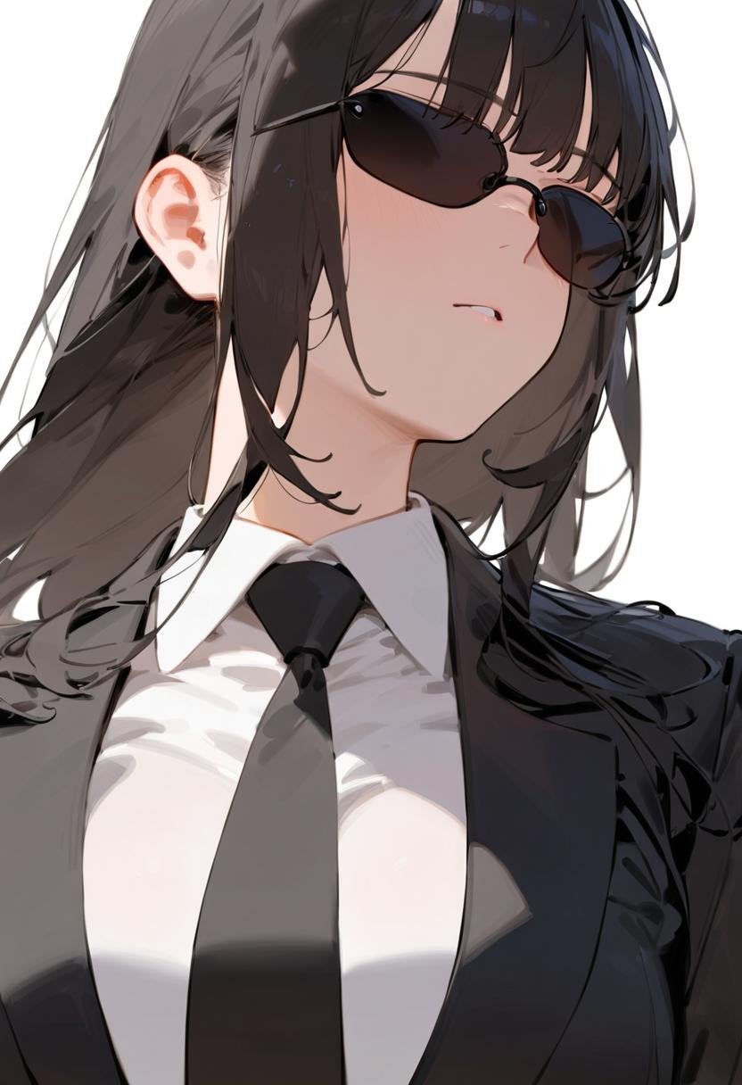 masterpiece, best quality, very aesthetic, absurdres, 1girl, solo, black hair, long hair,agtsg, sunglasses, dark black-tinted eyewear,  formal, black suit, black necktie, collared shirt, covered eyes, simple background, white background, looking at another, upper body, face focus, standing,  <lora:sunglasses_agent_smith_SDXL_V1:1>