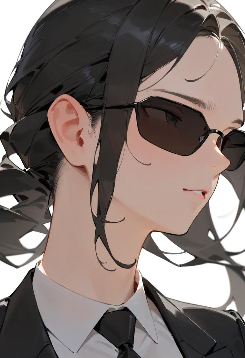 masterpiece, best quality, very aesthetic, absurdres, 1girl, solo, black hair, long hair,agtsg, sunglasses, dark black-tinted eyewear,  formal, black suit, black necktie, covered eyes, simple background, white background, looking at another, upper body, face focus,  <lora:sunglasses_agent_smith_SDXL_V1:1>