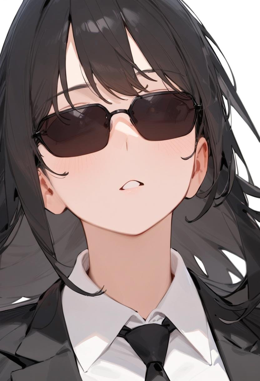 masterpiece, best quality, very aesthetic, absurdres, 1girl, solo, black hair, long hair,agtsg, sunglasses, dark black-tinted eyewear,  formal, black suit, black necktie, collared shirt, covered eyes, simple background, white background, looking at another, upper body, face focus, standing,  <lora:sunglasses_agent_smith_SDXL_V1:1>