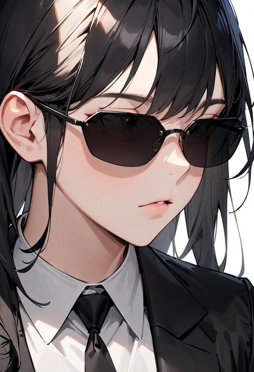 masterpiece, best quality, very aesthetic, absurdres, 1girl, solo, black hair, long hair,agtsg, sunglasses, dark black-tinted eyewear,  formal, black suit, black necktie, collared shirt, covered eyes, simple background, white background, looking at another, upper body, face focus, standing,  <lora:sunglasses_agent_smith_SDXL_V1:1>