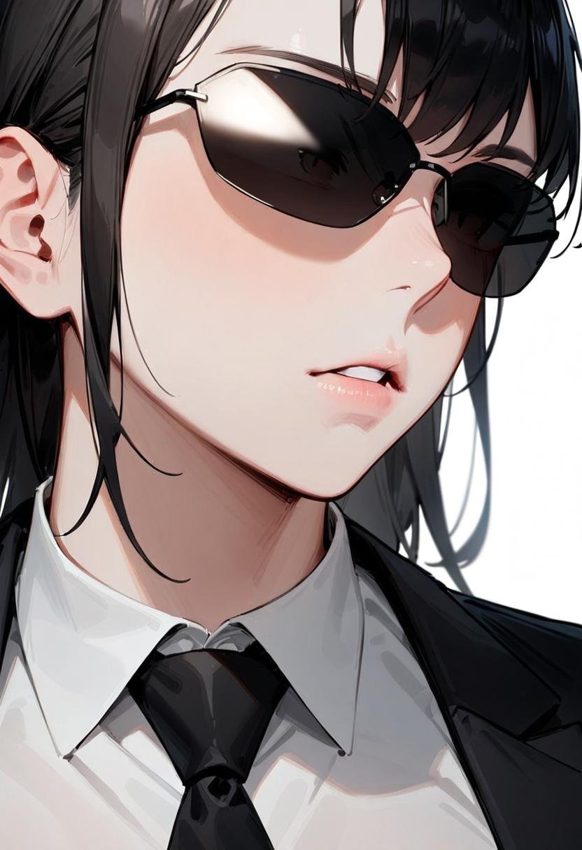 masterpiece, best quality, very aesthetic, absurdres, 1girl, solo, black hair, long hair,agtsg, sunglasses, dark black-tinted eyewear,  formal, black suit, black necktie, collared shirt, covered eyes, simple background, white background, looking at another, upper body, face focus, standing,  <lora:sunglasses_agent_smith_SDXL_V1:1>