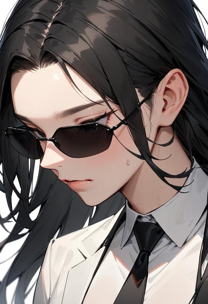 masterpiece, best quality, very aesthetic, absurdres, 1girl, solo, black hair, long hair,agtsg, sunglasses, dark black-tinted eyewear,  formal, black suit, black necktie, collared shirt, covered eyes, simple background, white background, looking at another, upper body, face focus, standing,  <lora:sunglasses_agent_smith_SDXL_V1:1>